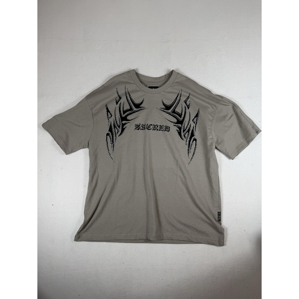 Fly By Night Sacred Graphic T Shirt NWT Size L Grey Rhinestone Y2K Streetwear